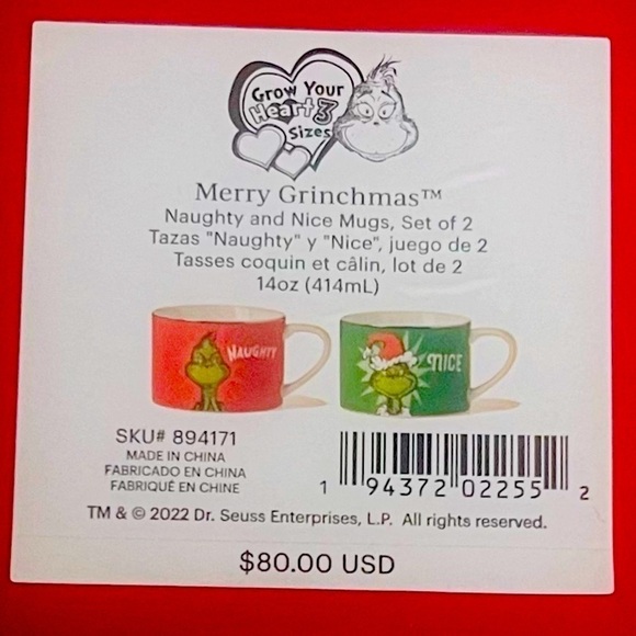 LENOX Merry Grinchmas Dr. Seuss GRINCH Mugs Set of 2~Naughty & Nice 14 oz NEW - Picture 8 of 9